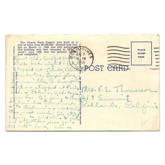 Vintage Springfield Illinois State Capitol Postcard 1950 Linen Lincoln Statue - Picture 2 of 2